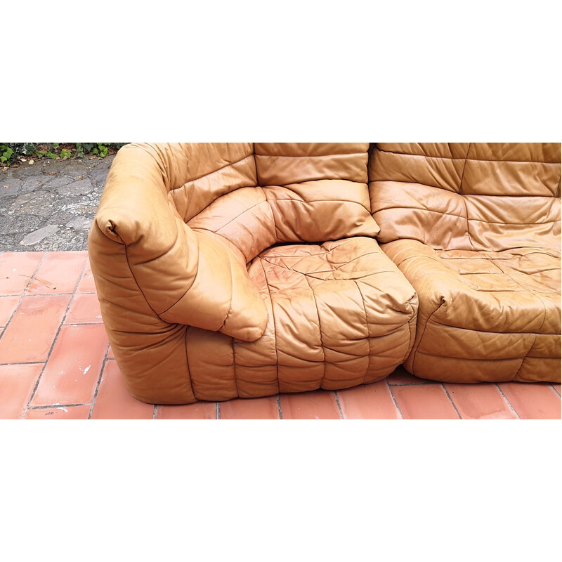 Pair of vintage Panto sofas with ottoman in camel leather by Marc Held for Atelier Dunlopillo, 1970s