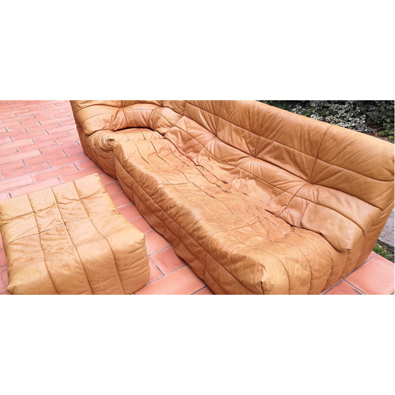 Pair of vintage Panto sofas with ottoman in camel leather by Marc Held for Atelier Dunlopillo, 1970s