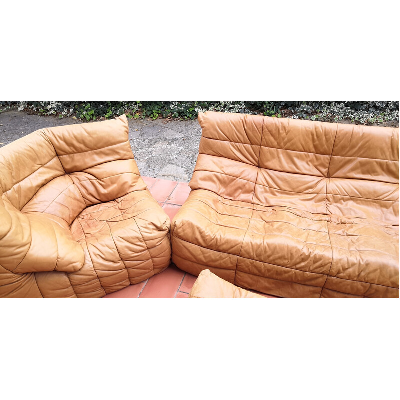 Pair of vintage Panto sofas with ottoman in camel leather by Marc Held for Atelier Dunlopillo, 1970s