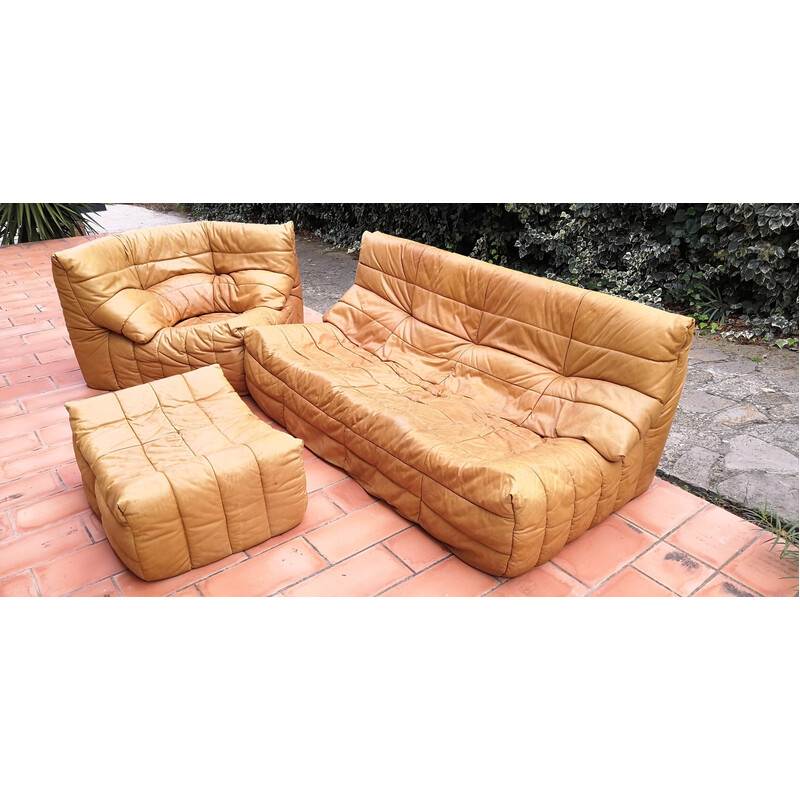 Pair of vintage Panto sofas with ottoman in camel leather by Marc Held for Atelier Dunlopillo, 1970s