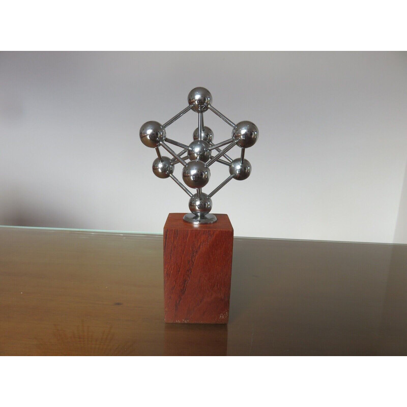 Vintage atomium sculpture in chromed metal and teak, 1970s