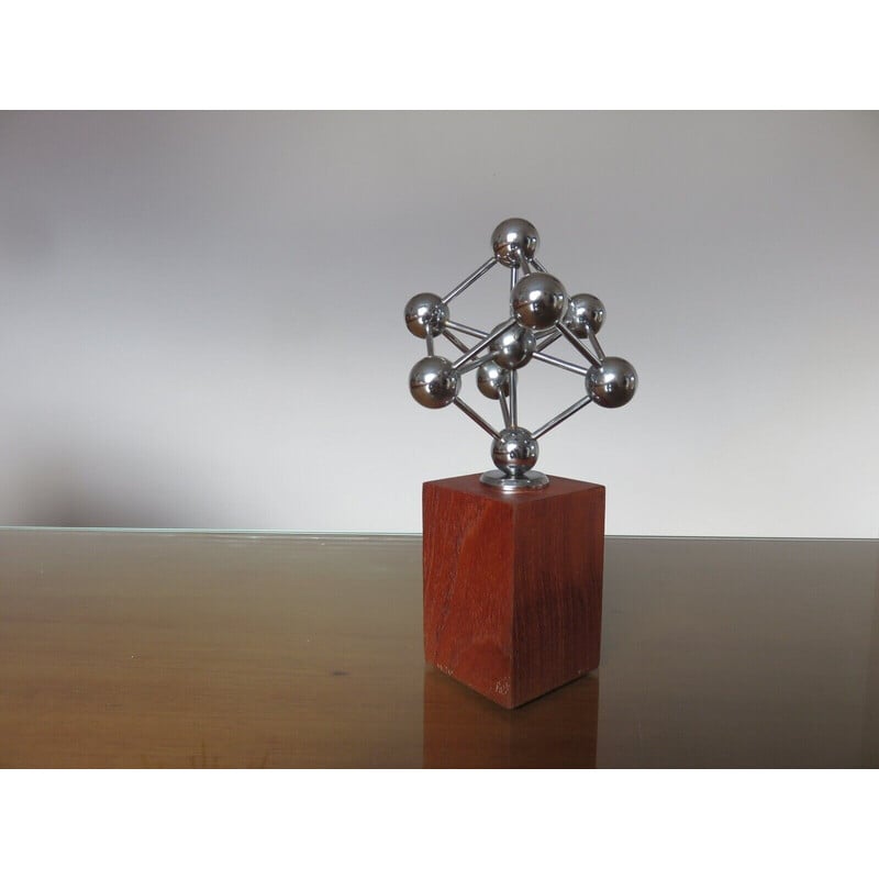 Sculpture vintage atomium en metal chromé et teck, 1970