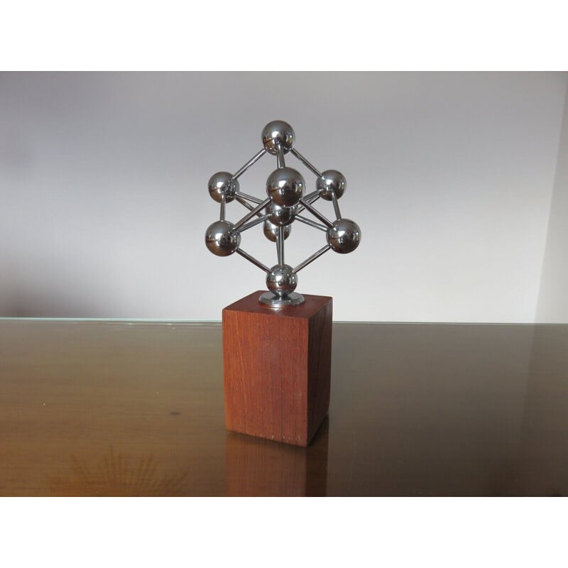 Vintage atomium sculpture in chromed metal and teak, 1970s