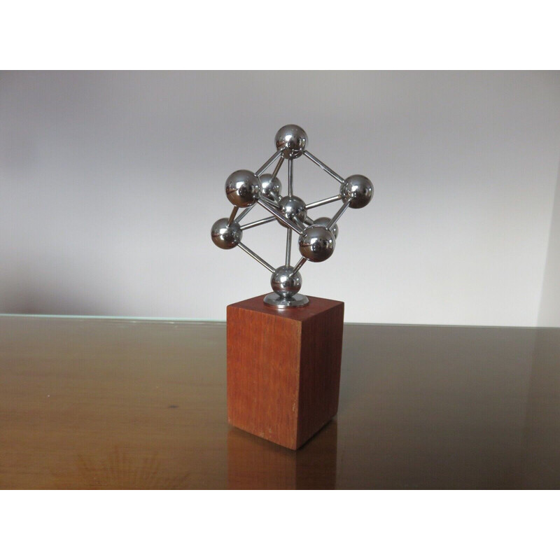 Vintage atomium sculpture in chromed metal and teak, 1970s