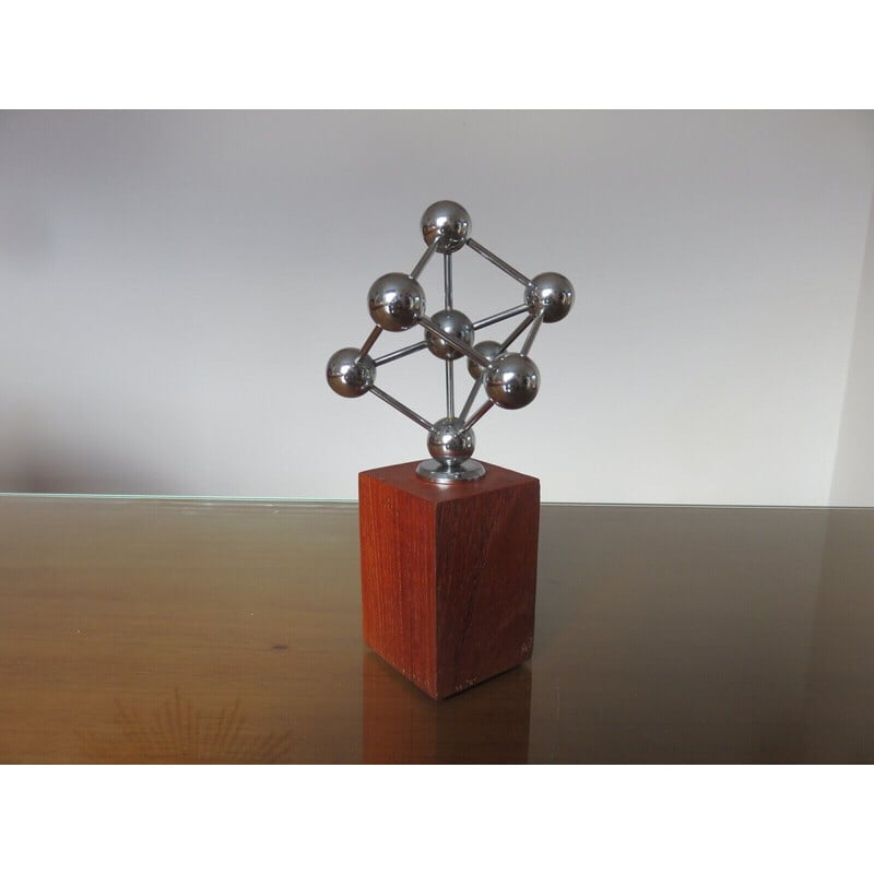 Vintage atomium sculpture in chromed metal and teak, 1970s