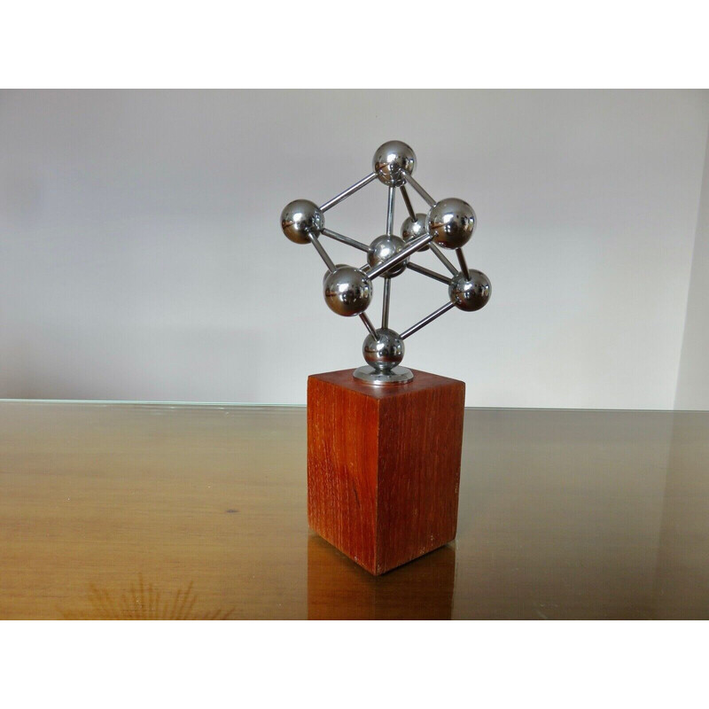 Vintage atomium sculpture in chromed metal and teak, 1970s