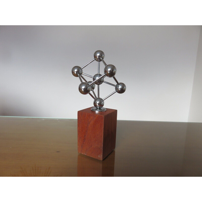 Vintage atomium sculpture in chromed metal and teak, 1970s