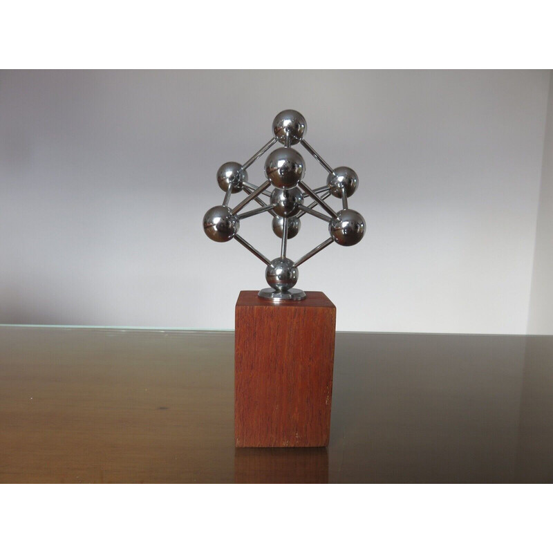 Vintage atomium sculpture in chromed metal and teak, 1970s