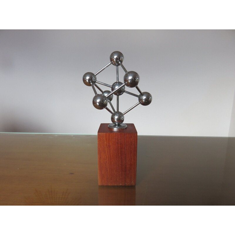 Vintage atomium sculpture in chromed metal and teak, 1970s