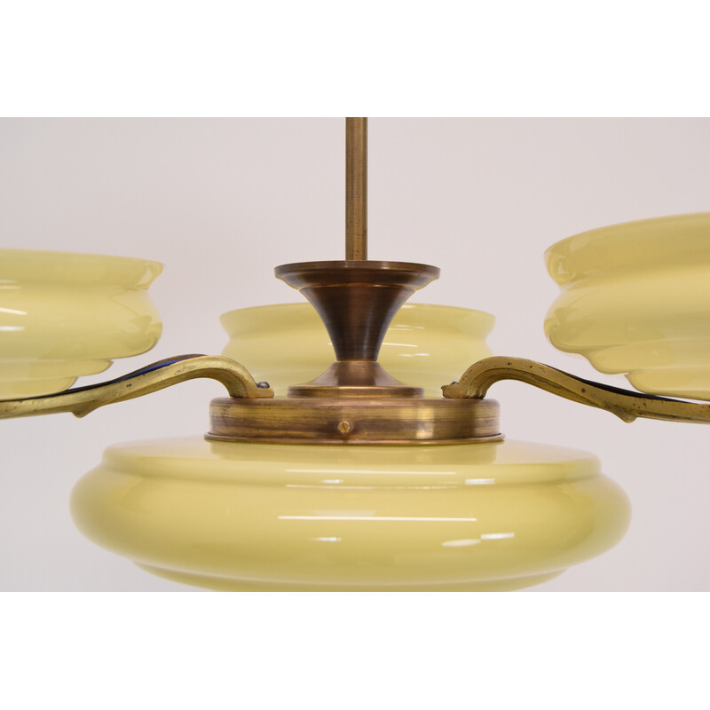 Vintage Art deco glass and brass chandelier, Czechoslovakia 1930s