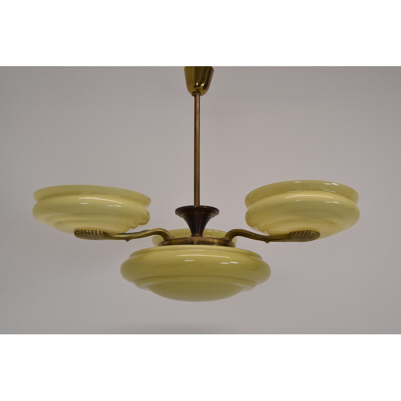 Vintage Art deco glass and brass chandelier, Czechoslovakia 1930s