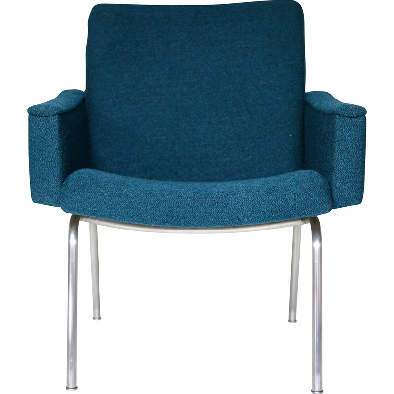 Vintage Ap 48 armchair in steel, wood and duck blue bouclette fabric by Hans Wegner for Johannes Hansen, Denmark