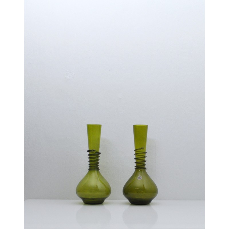 Pair of vintage green art glass vases by Jacob E. Bang for Kastrup Glasværk, Denmark 1964s