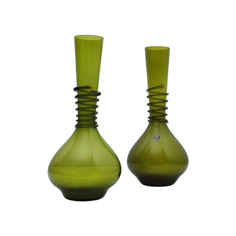Paire de vases vintage en verre d'art vert par Jacob E. Bang pour Kastrup Glasværk, Danemark 1964