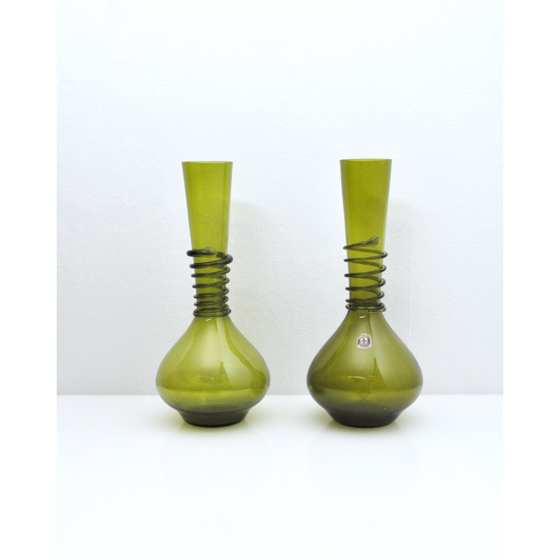 Paire de vases vintage en verre d'art vert par Jacob E. Bang pour Kastrup Glasværk, Danemark 1964