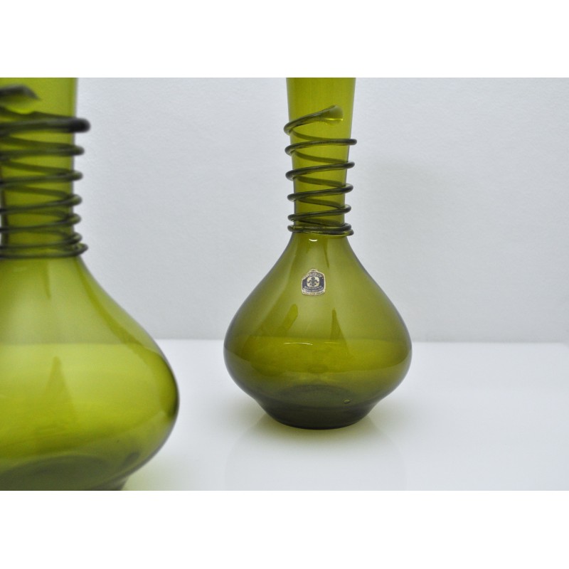 Pair of vintage green art glass vases by Jacob E. Bang for Kastrup Glasværk, Denmark 1964s