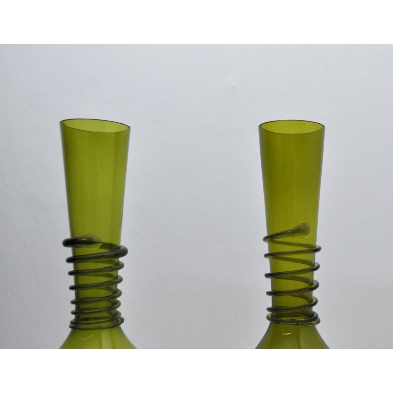 Pair of vintage green art glass vases by Jacob E. Bang for Kastrup Glasværk, Denmark 1964s