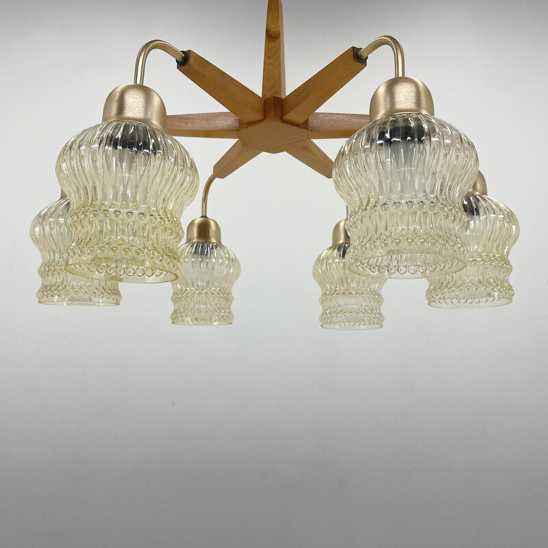 Vintage chandelier in wood and glass, Czechoslovakia 1970s