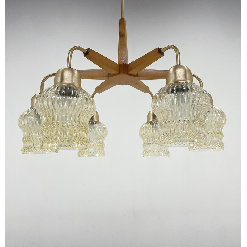 Vintage chandelier in wood and glass, Czechoslovakia 1970s