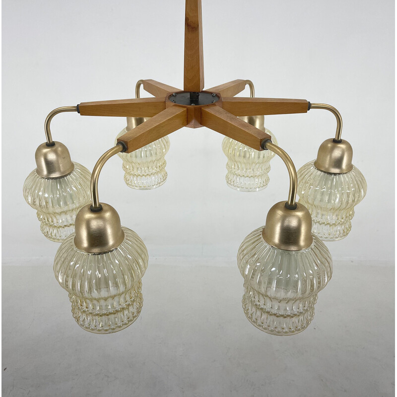 Vintage chandelier in wood and glass, Czechoslovakia 1970s