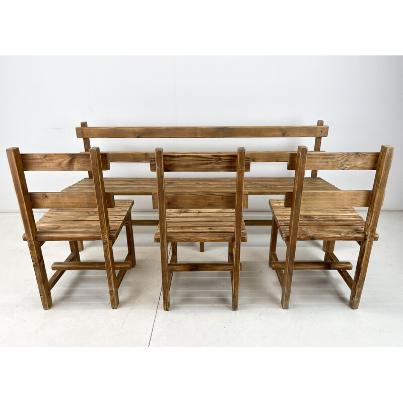 Vintage bench with 3 chairs in wood