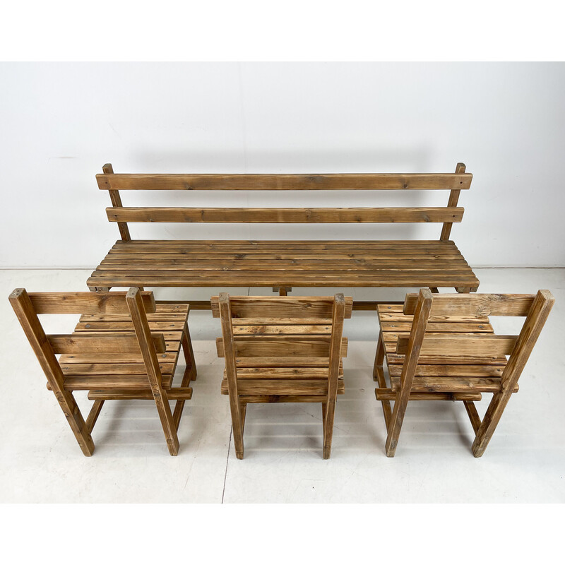 Vintage bench with 3 chairs in wood