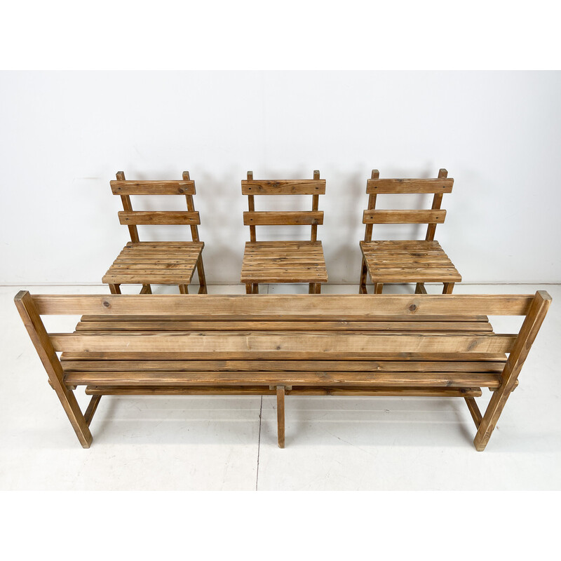Vintage bench with 3 chairs in wood