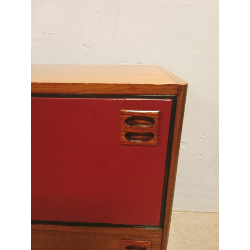 Pair of vintage night stands in teak and red leather, Denmark