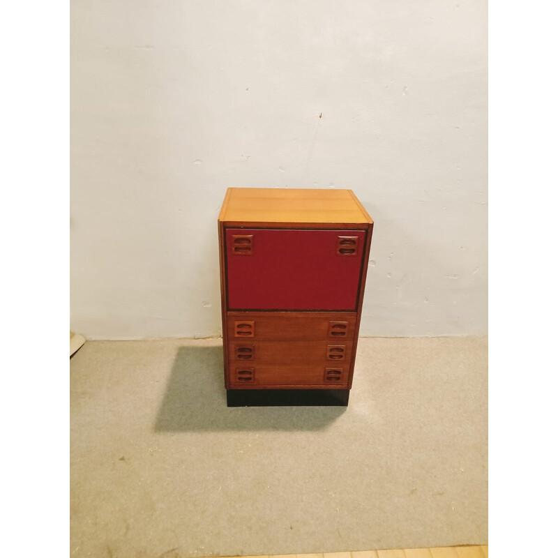 Pair of vintage night stands in teak and red leather, Denmark