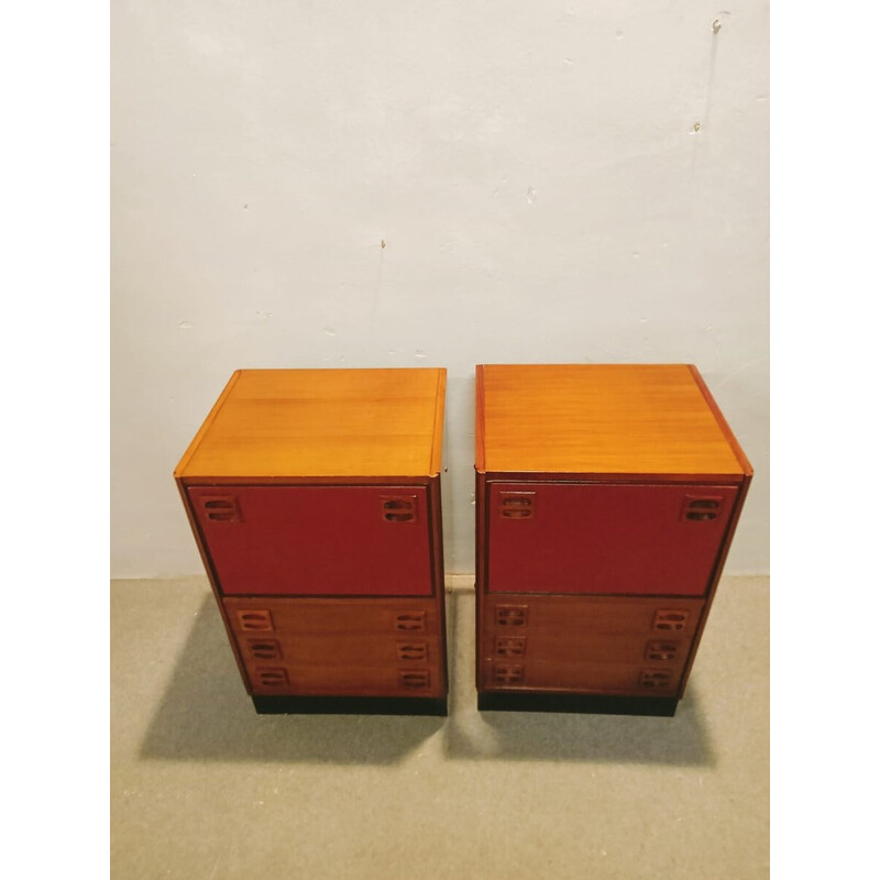 Pair of vintage night stands in teak and red leather, Denmark