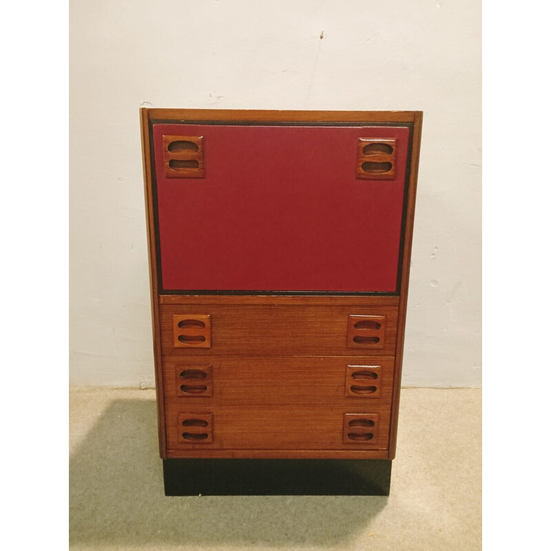 Pair of vintage night stands in teak and red leather, Denmark