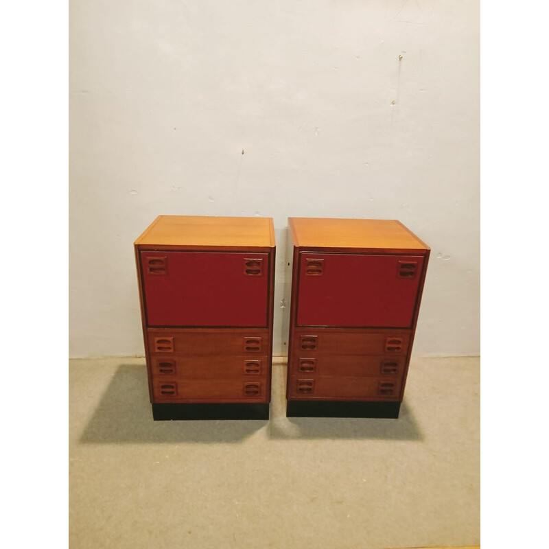 Pair of vintage night stands in teak and red leather, Denmark