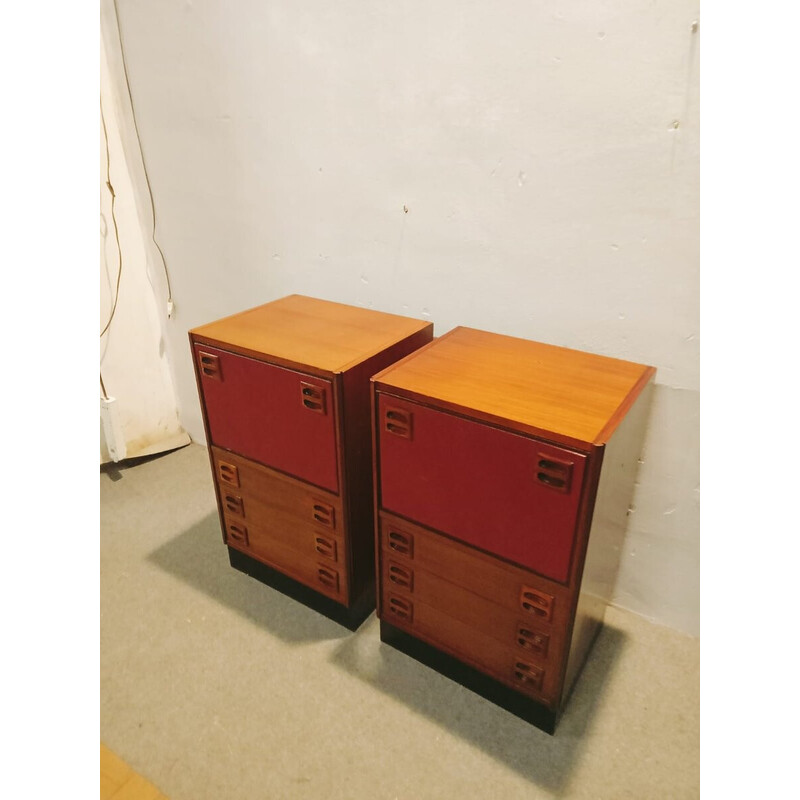 Pair of vintage night stands in teak and red leather, Denmark