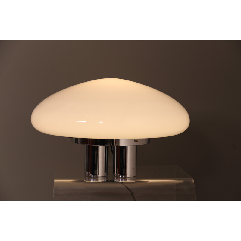 Lámpara de mesa vintage Magnolia en cromo y cristal opalino de Sergio Mazza