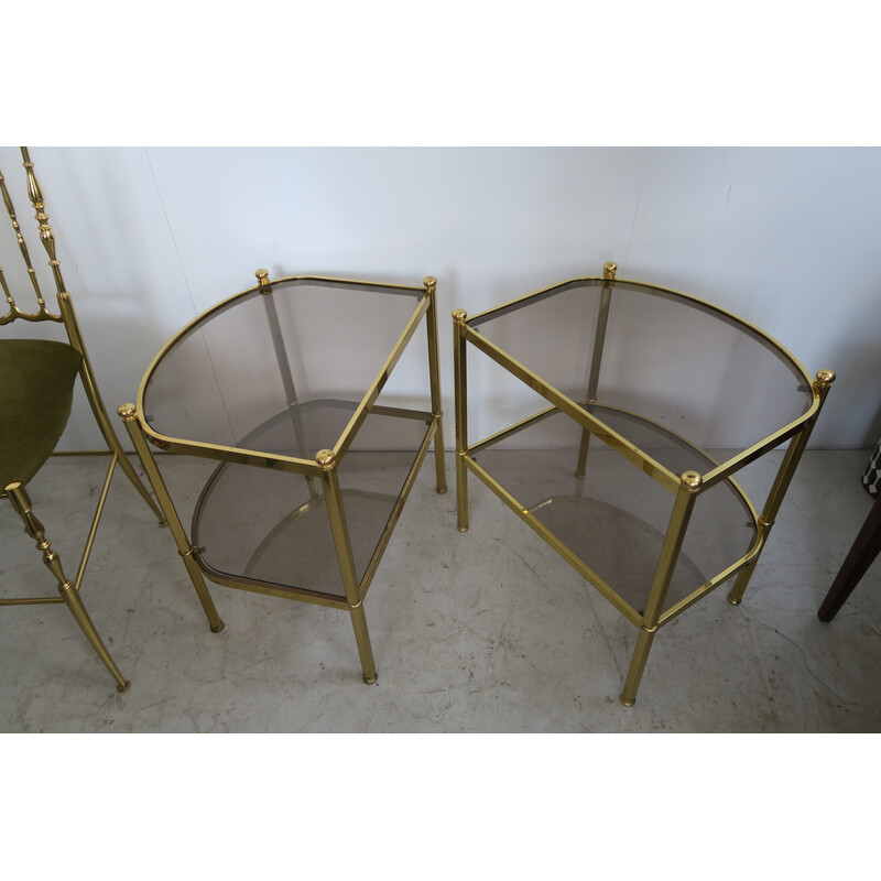 Pair of vintage side tables in brass and smoking glass, 1970s
