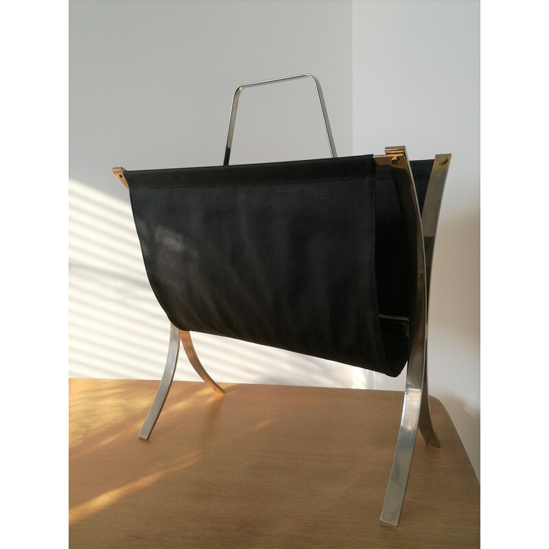 Vintage magazine rack in black and gold leatherette, 1970