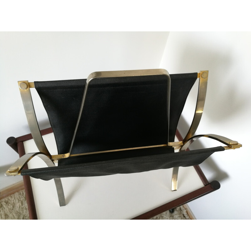 Vintage magazine rack in black and gold leatherette, 1970