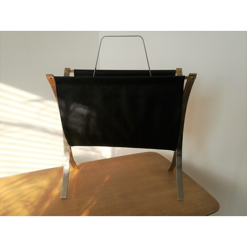 Vintage magazine rack in black and gold leatherette, 1970