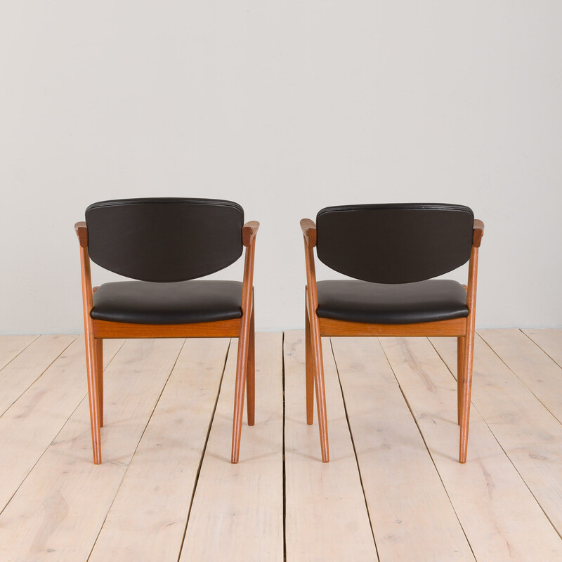 Paar vintage stoelen model 42 in teak en zwart leer van Kai Kristiansen voor Schou Andersen, jaren 1960