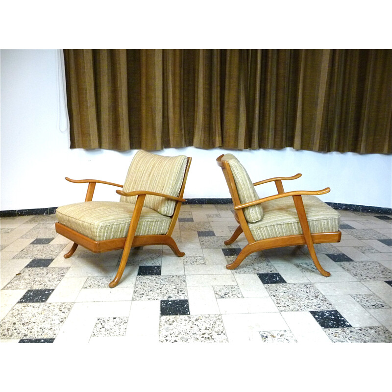 Pair of beige woolen armchairs in wood by Wilhelm Knoll - 1960s