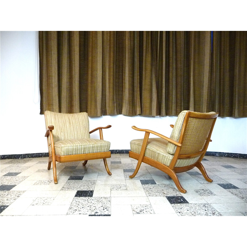 Ein Paar beigefarbene Sessel aus Holz und Wolle von Wilhelm Knoll - 1960