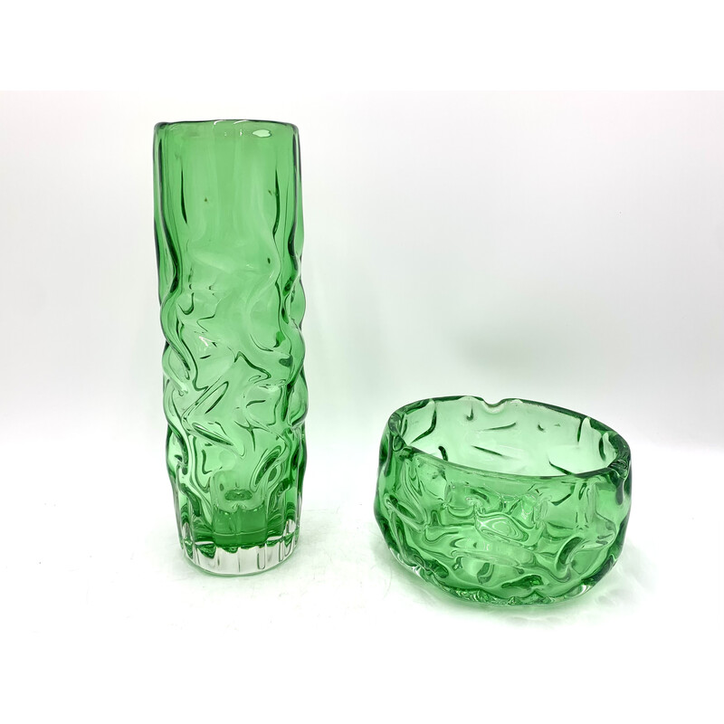 Vintage green vase and bowl de Pavel Hlava, República Checa 1968