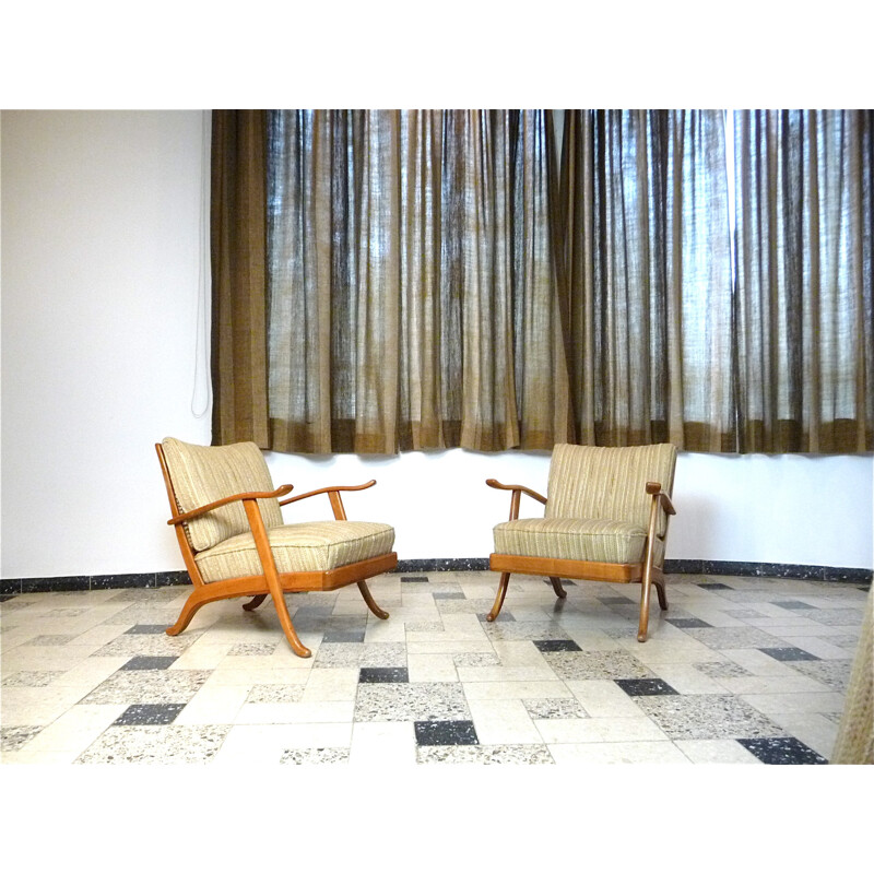 Paar beige houten en wollen fauteuils van Wilhelm Knoll - 1960