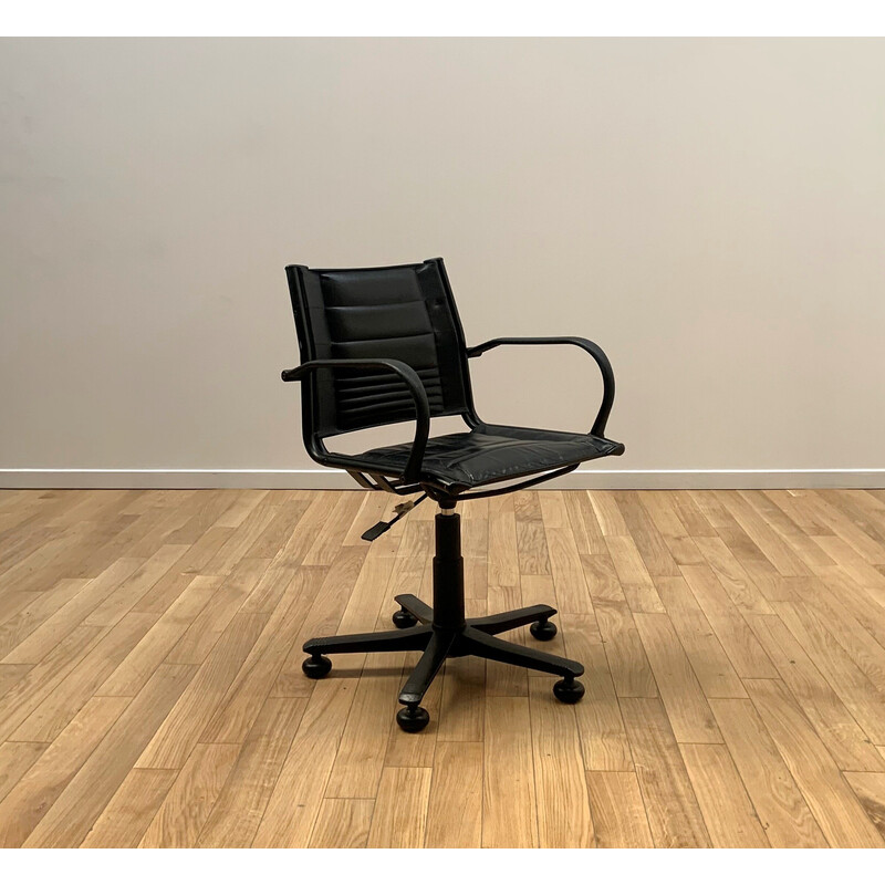 Cadeira de escritório em metal vintage e couro preto