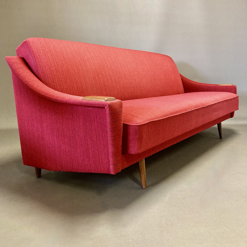 Vintage sofa van teakhout, wol en zijde, 1950