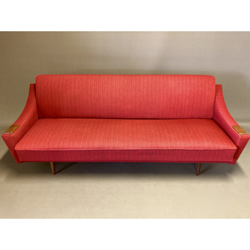 Vintage sofa van teakhout, wol en zijde, 1950