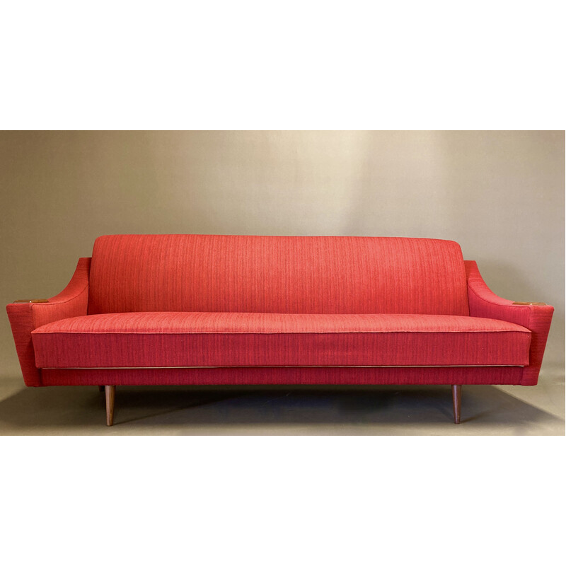 Vintage sofa van teakhout, wol en zijde, 1950