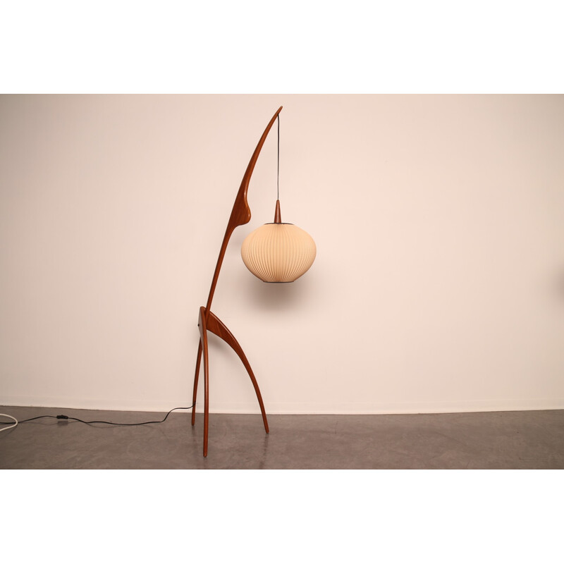 Vintage iconic "Praying Mantis" floor lamp in walnut by Rispal, France 1950s