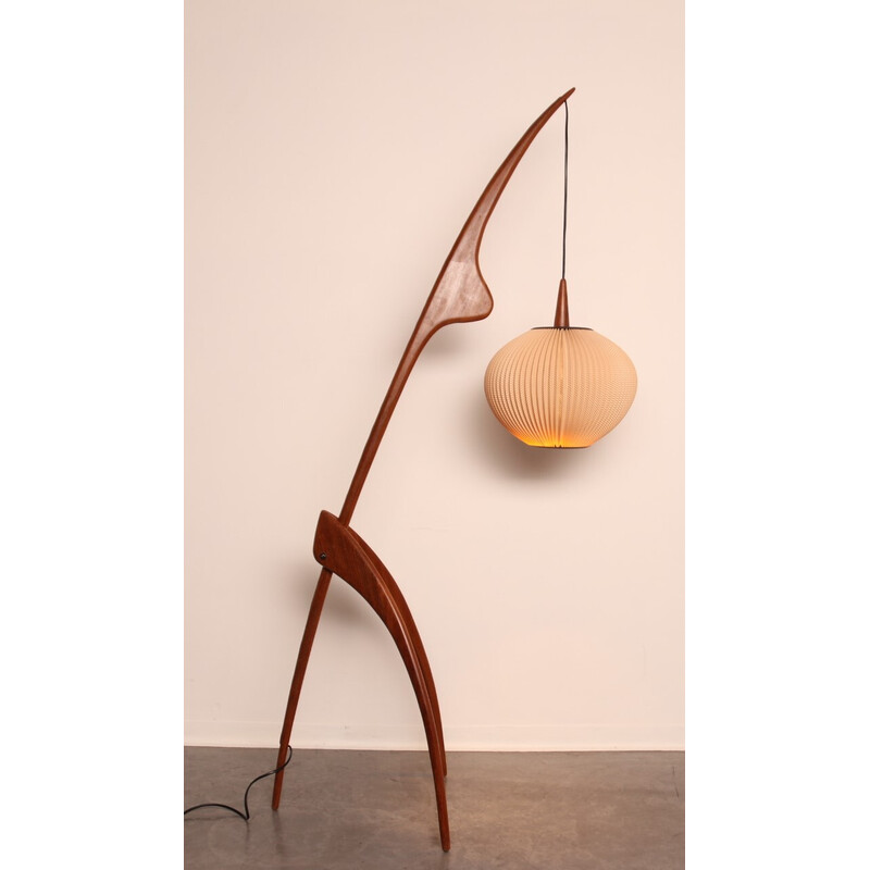 Vintage iconic "Praying Mantis" floor lamp in walnut by Rispal, France 1950s