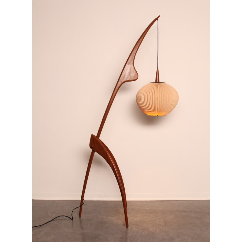 Vintage iconic "Praying Mantis" floor lamp in walnut by Rispal, France 1950s